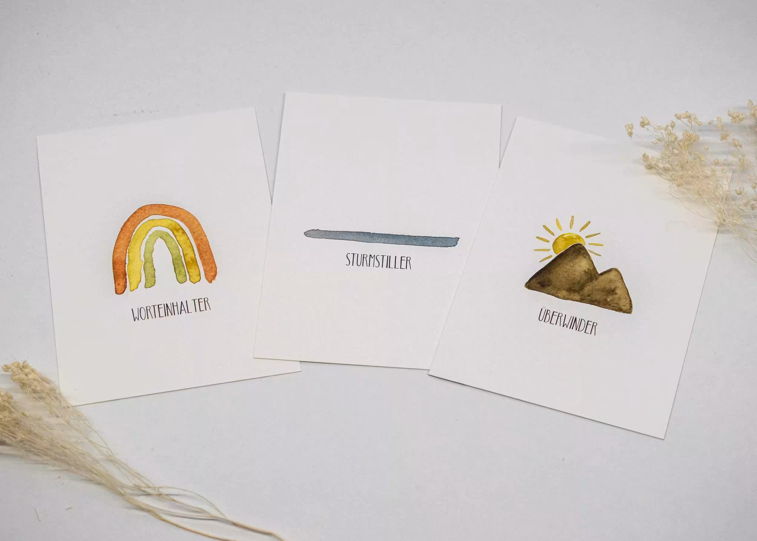 Farbenfrohe Watercolor-Karten mit christlichen Worten, passend für Glauben und Inspiration.