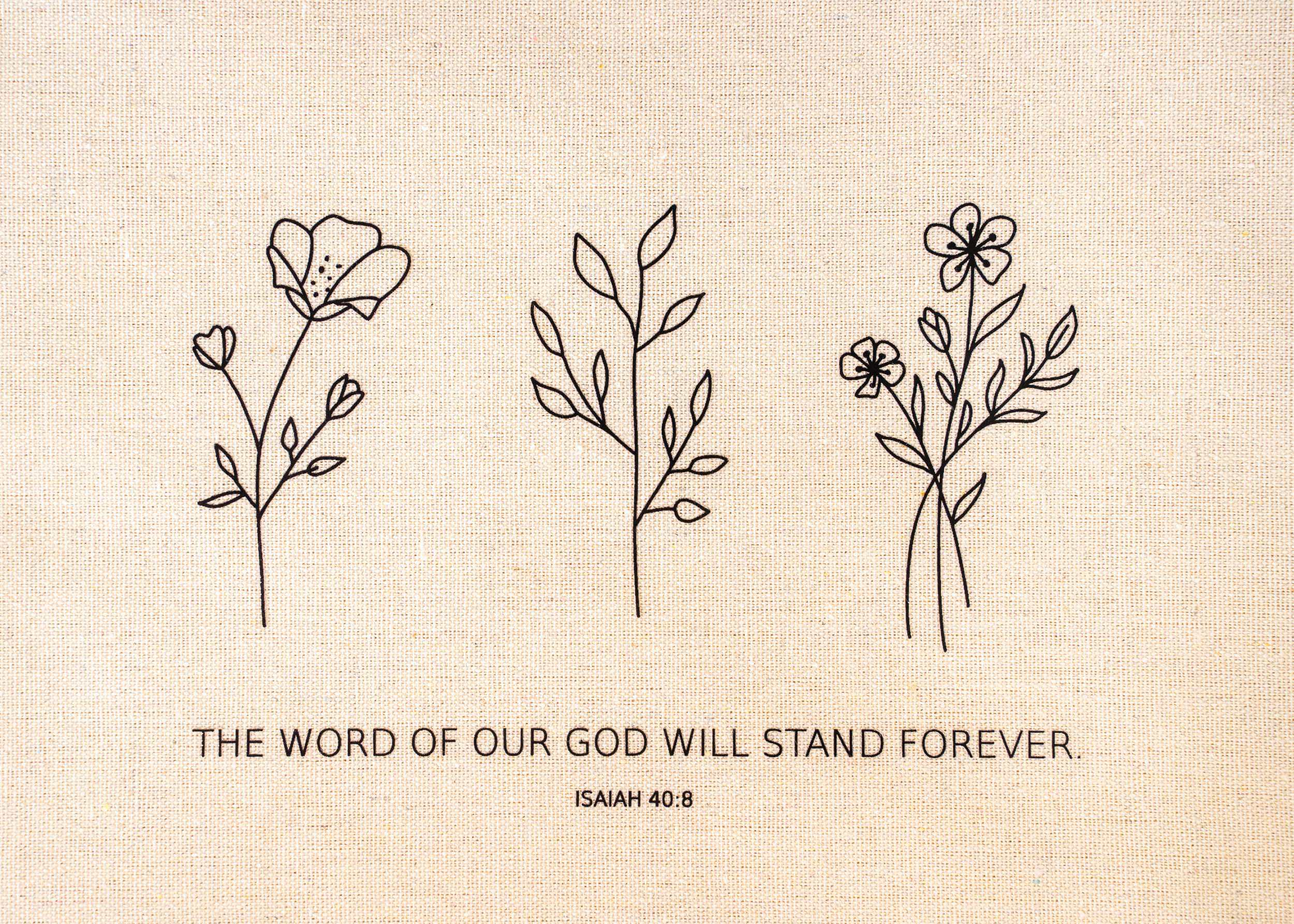 Blumenillustration mit Bibelvers Isaiah 40:8, christliche Botschaft, Bibelzitate, christliche Dekoration.