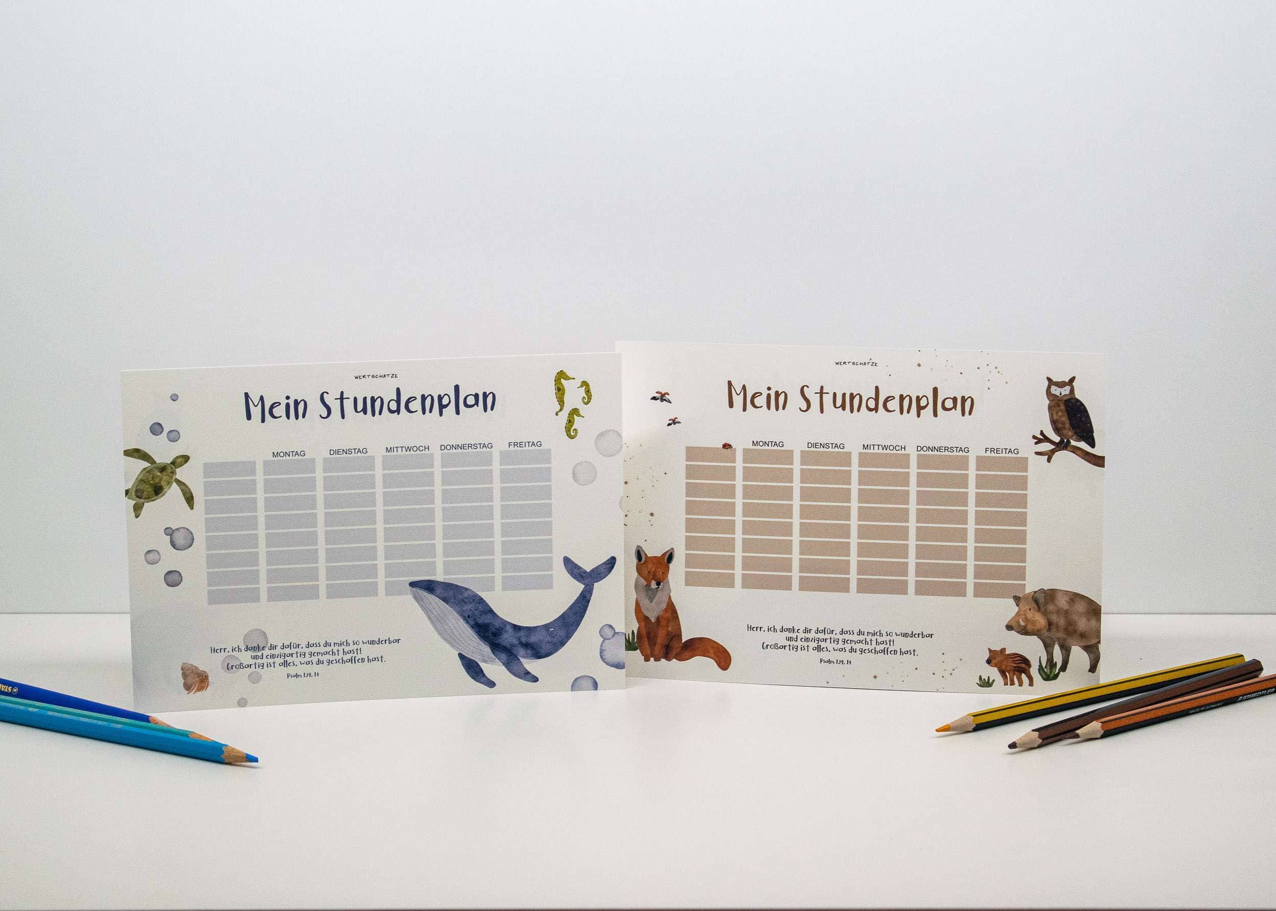 Naturkundlicher Stundenplan für Kinder mit Tiermotiven, nachhaltige Schulmaterialien, Kinderlernen.