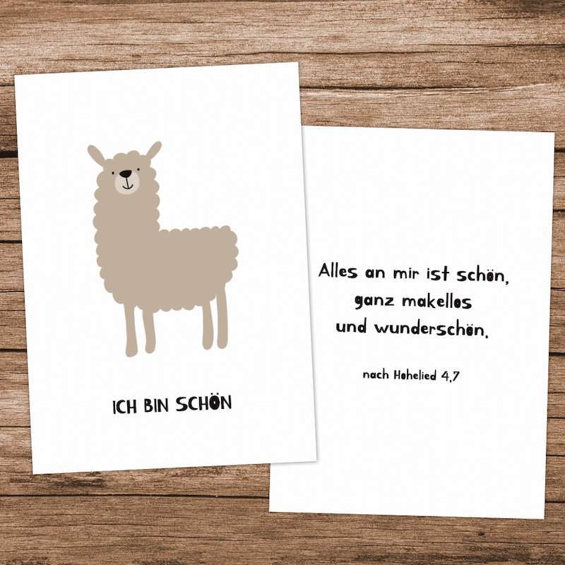 Niedliche christliche Grußkarte mit Lama und Bibelvers für Glaube und Hoffnung.