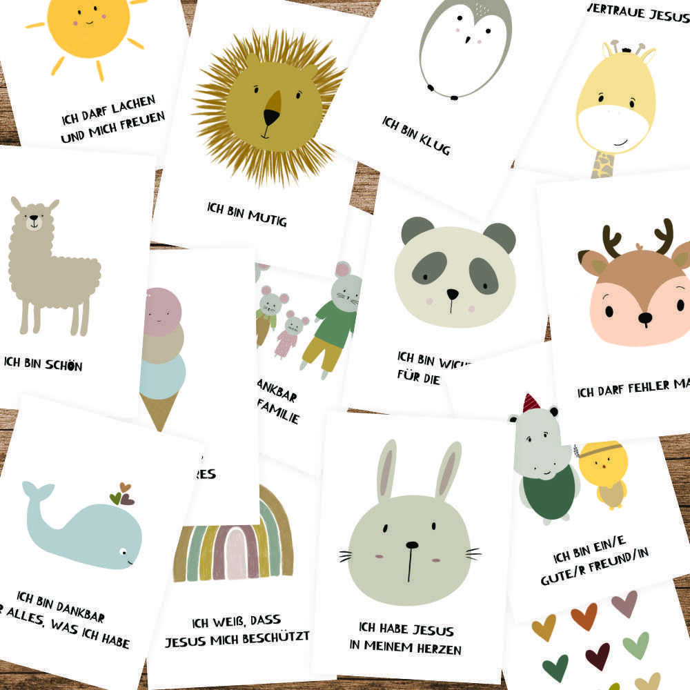 Liebevolle christliche Grußkarten für Kinder, Glaube, Mut und Freundschaft motivierend.
