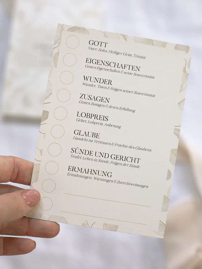 Glaubensliste mit christlichen Eigenschaften und Gebeten, christliche Lebensführung.