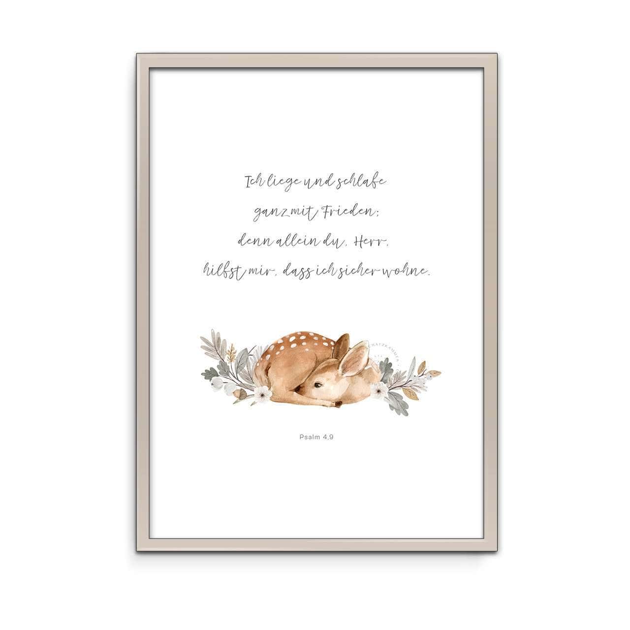 Sanfte christliche Zitate mit Reh und Blumendekor, Bibelvers Psalm 4,9, stilvoller Druck.