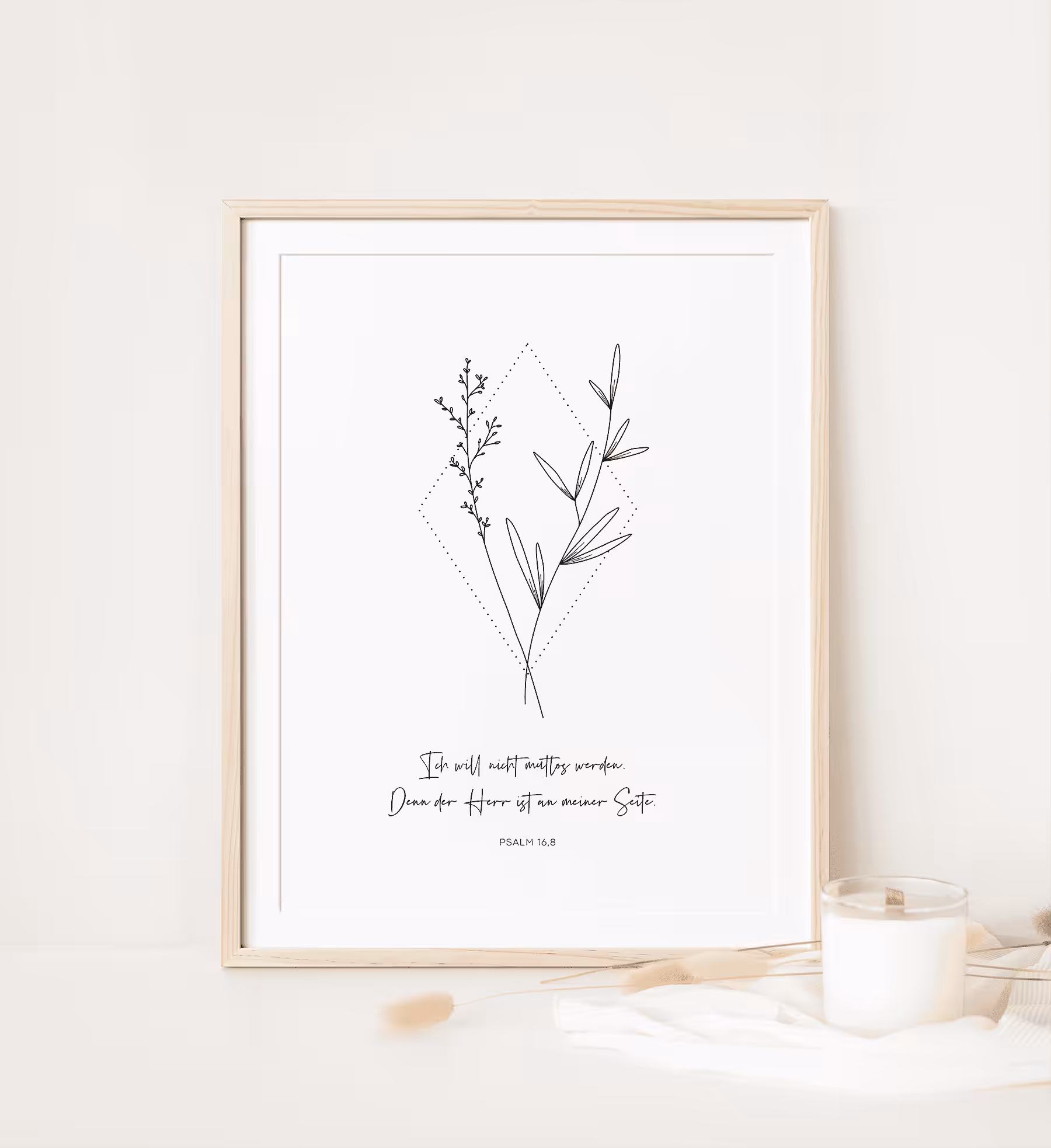 Wandbild mit Bibelvers Psalm 16,8 und minimalistischen Pflanzenmotiven.