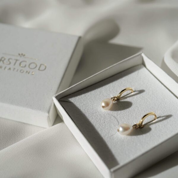 Edle christliche Perlenohrringe in Gold im Schmuckbox-Kunstlederkasten.