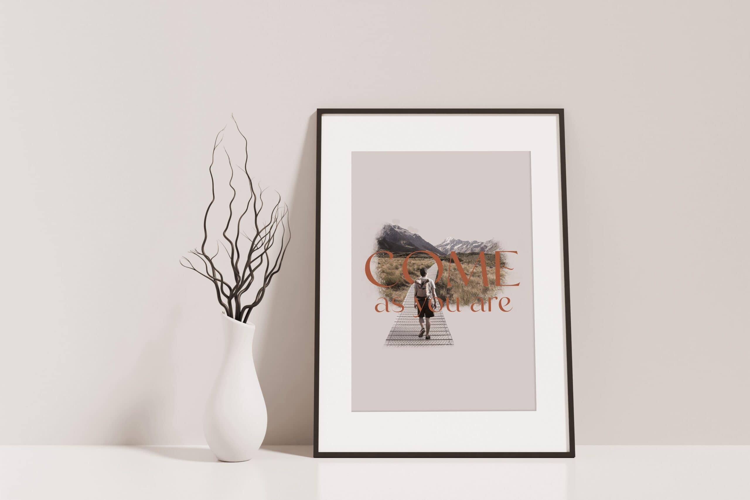 Inspirierende christliche Wandkunst mit Zitat "Come as you are" an stilvollem Kunstdruck.