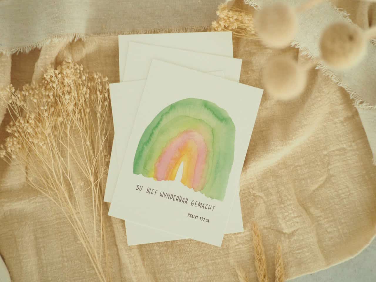 Gottes Segen Karte mit Regenbogen, christliche Grußkarte, Hoffnung und Glauben, Bibelvers Psalmen 133:14.