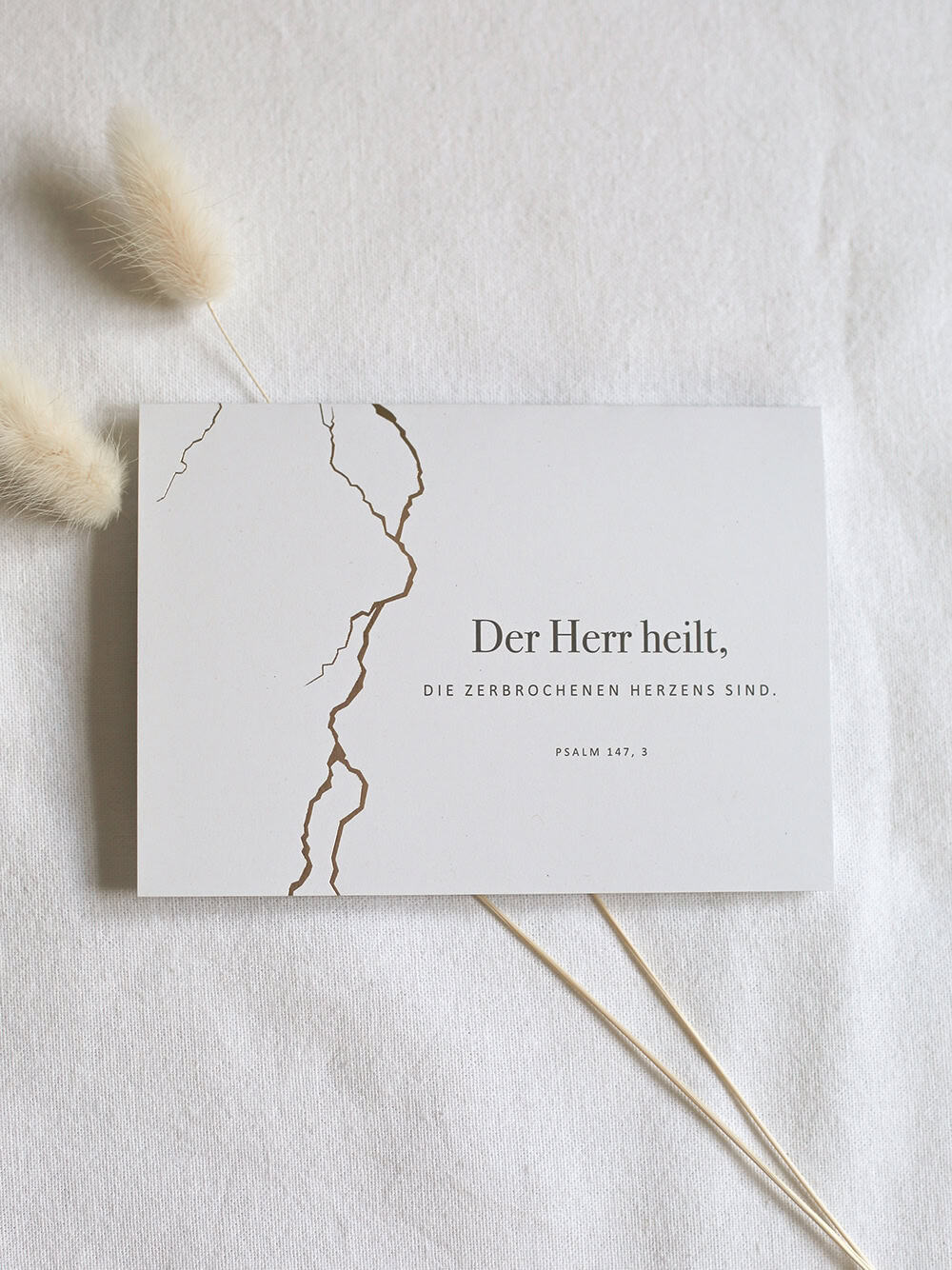 Segenskarte mit christlicher Bibelstelle und zerbrochenem Herzen, Glauben und Trost.