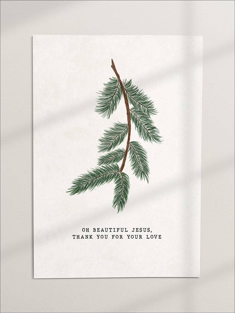 Naturzweig mit Tannennadeln, christliche Grußkarte, Weihnachtsbotschaft, christliche Grüße.