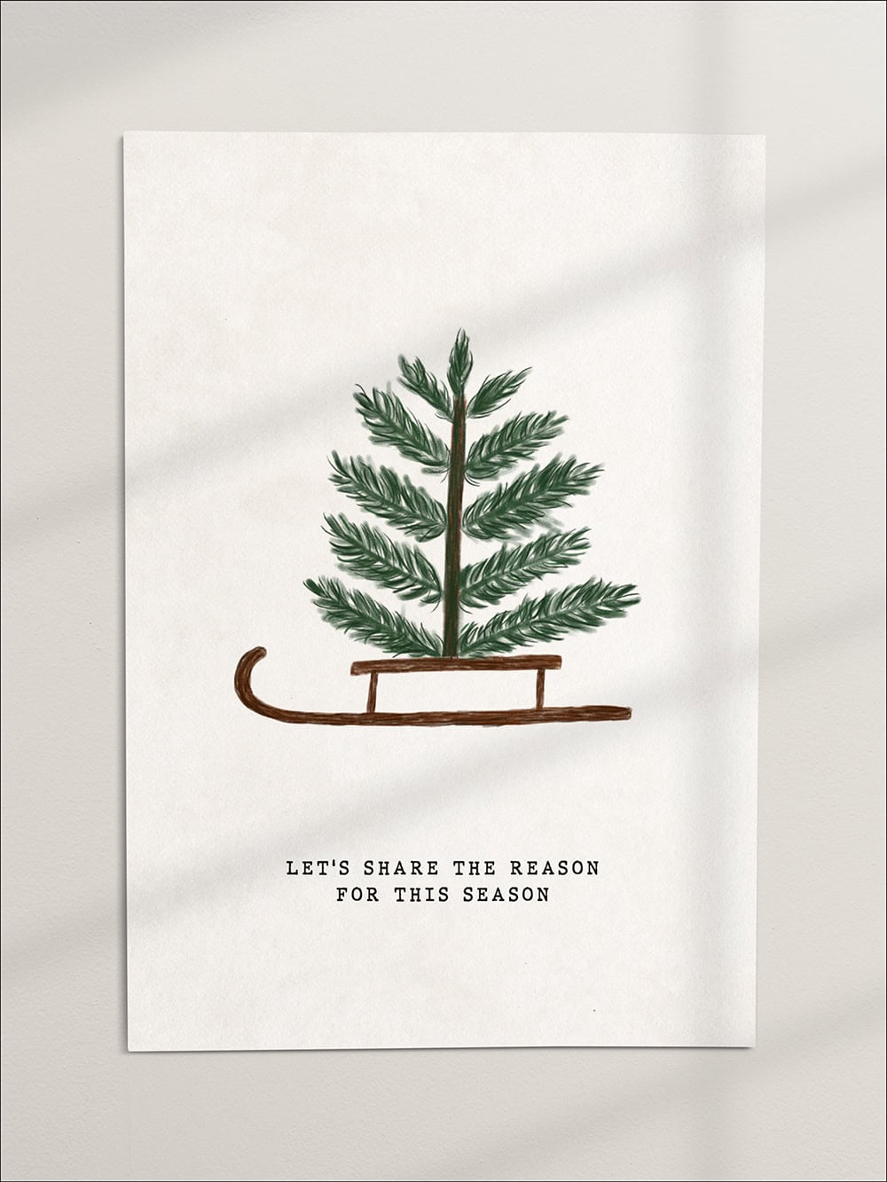 Frohe Weihnachtskarte mit Tannenzweig auf Holzschlitten, christliche Weihnachtsgrußdekoration.