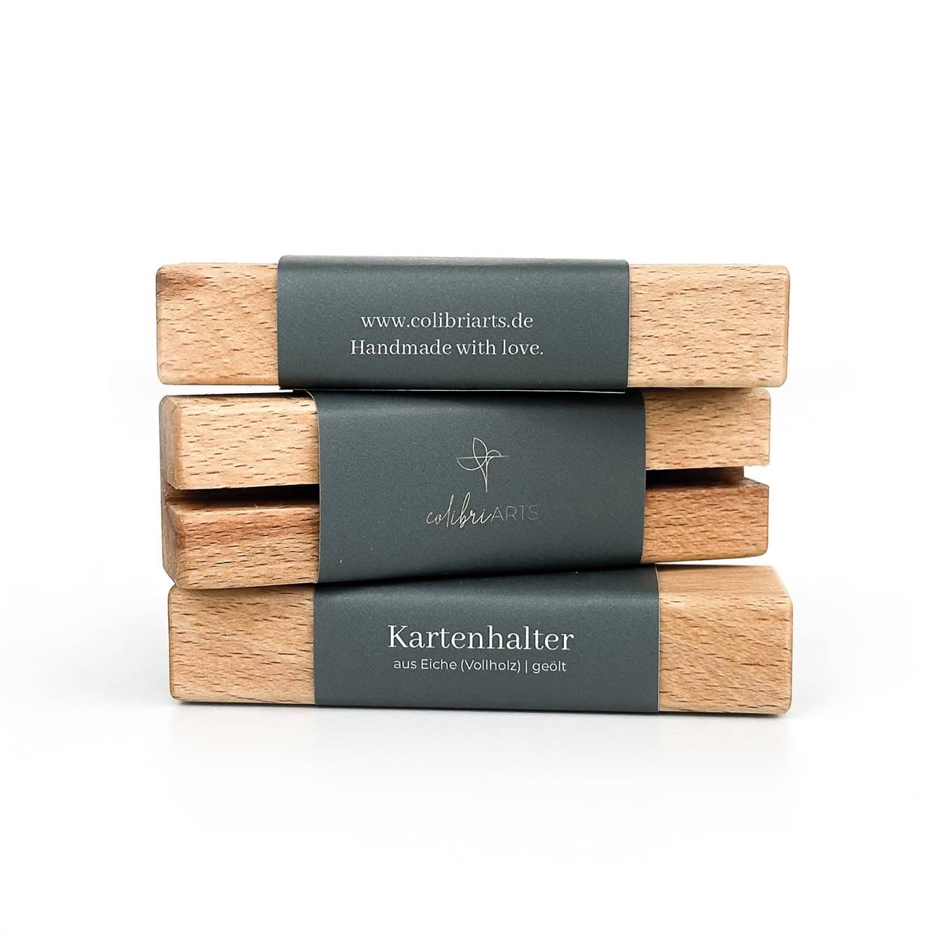 Naturholz Kartenhalter aus Eiche, handgefertigt, stilvoll für christliche Marken.