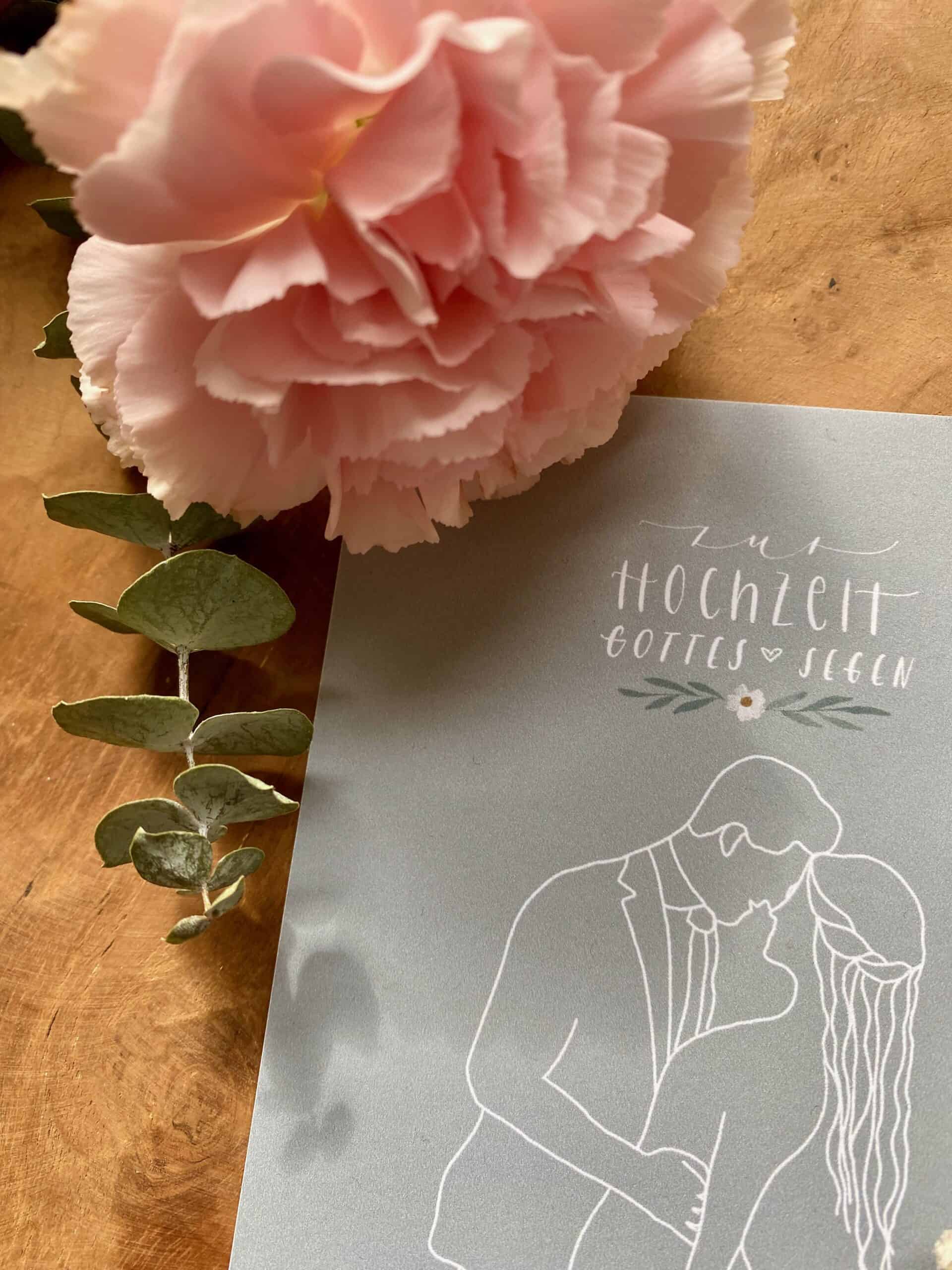 Hochzeitskarte mit christlichem Segensspruch, rosa Blumen, Eukalyptus, evangelisches Hochzeitssymbol.