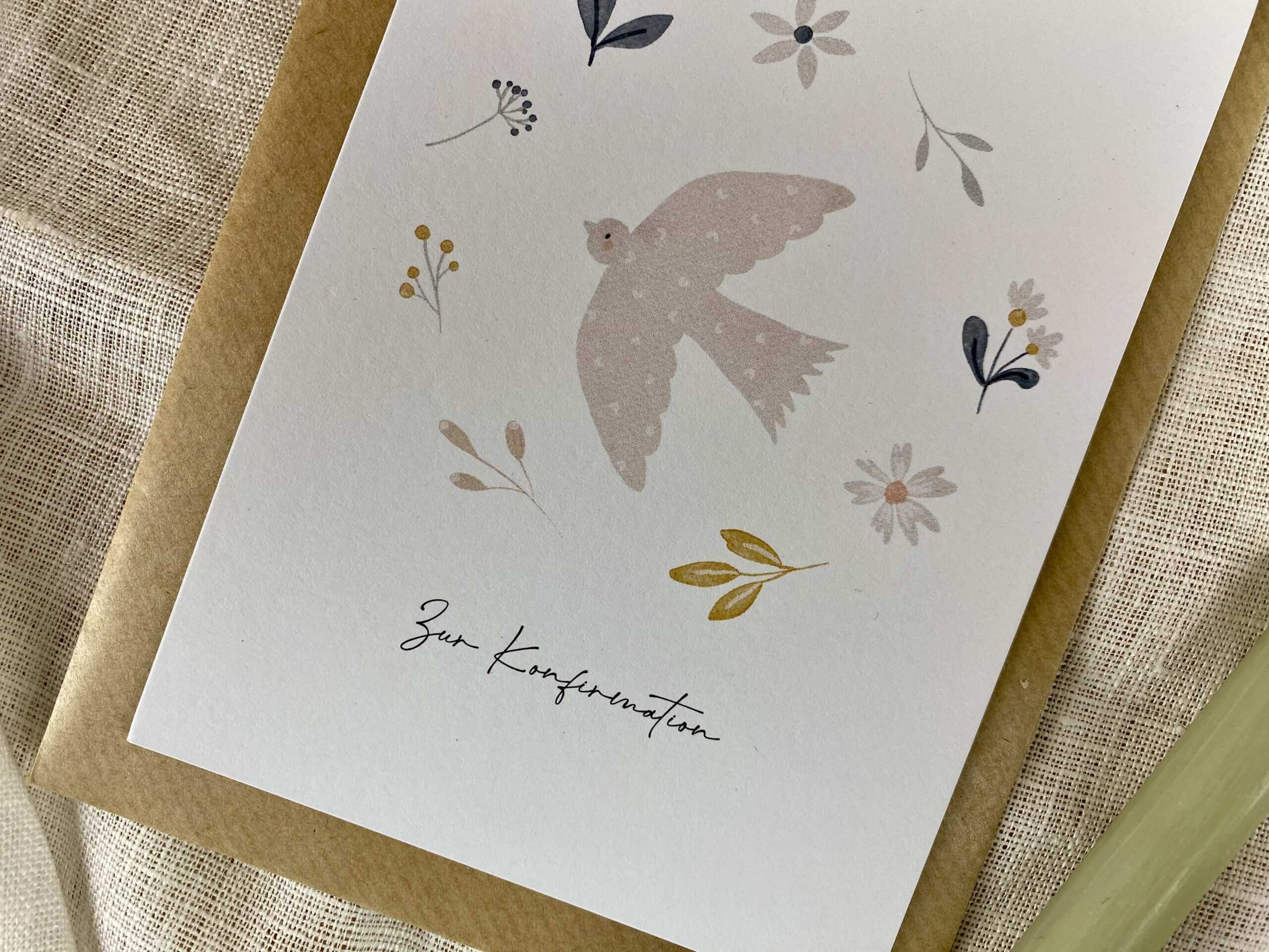 Edle Konfirmationskarte mit Flügelfisch und Blumenmotiv, christliche Grußkarte, Glaube.