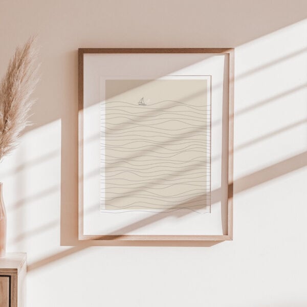 Himmelshafen-Landschaft, minimalistisches Wandbild, christliche Kunst, ruhige Raumdekoration.