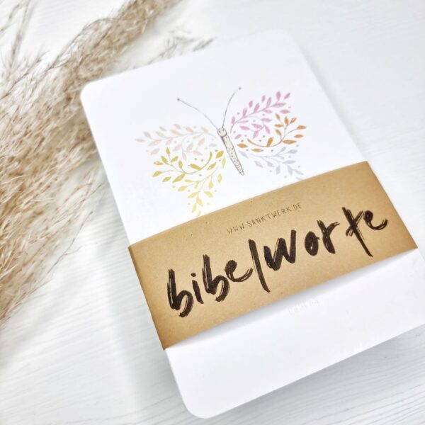 Schriftzug Bibel/Worte auf Karte mit Schmetterlingsdesign, christliche Grüße.