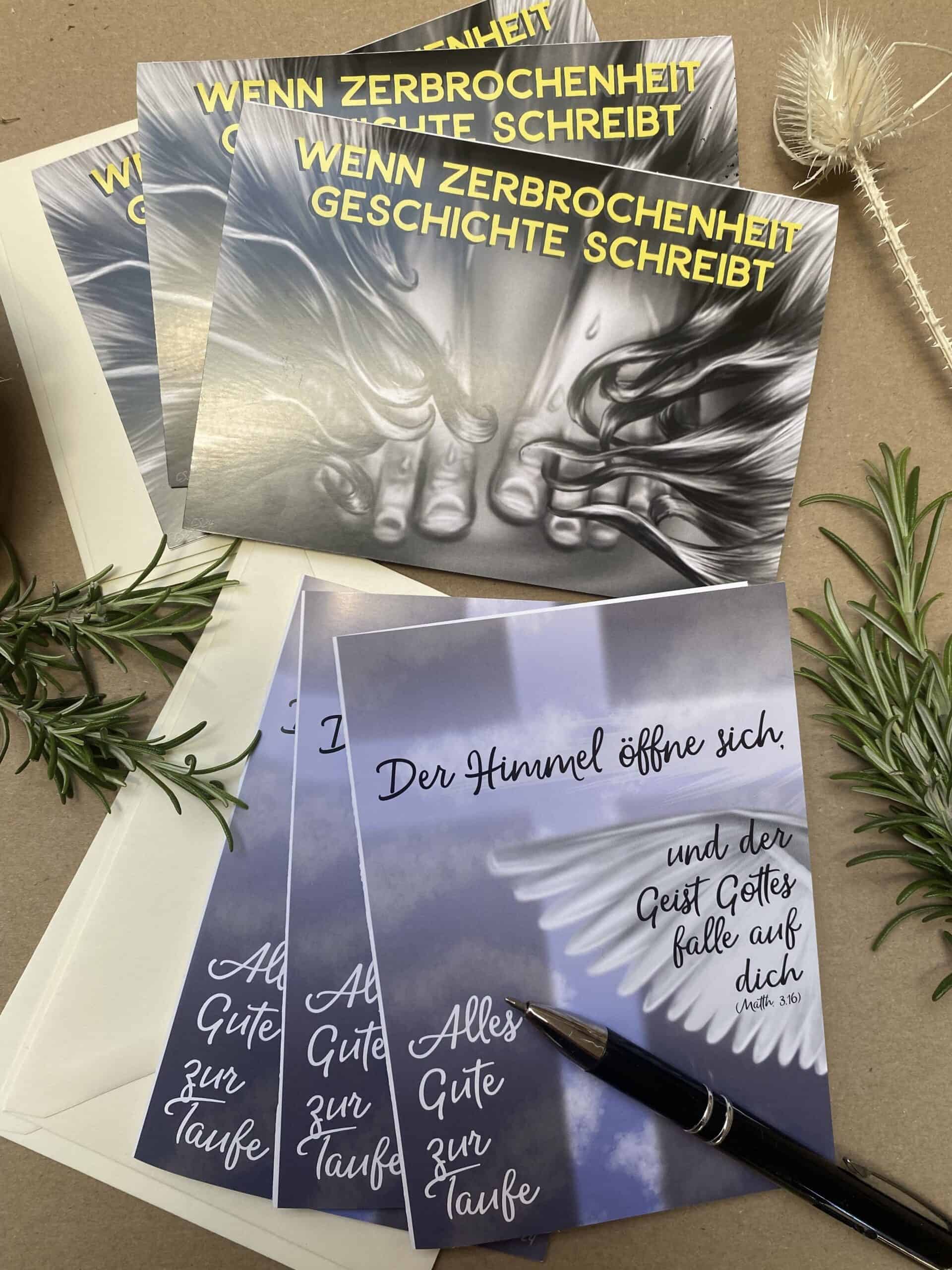 Glaubenskarten mit christlichen Motiven und Bibelversen für besondere Anlässe.