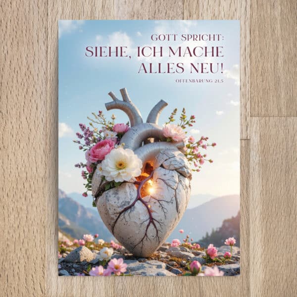 Herz aus Beton mit Blumen und Sonnenlicht, christliche Symbolik, geistliche Inspiration, religiöses Bild.