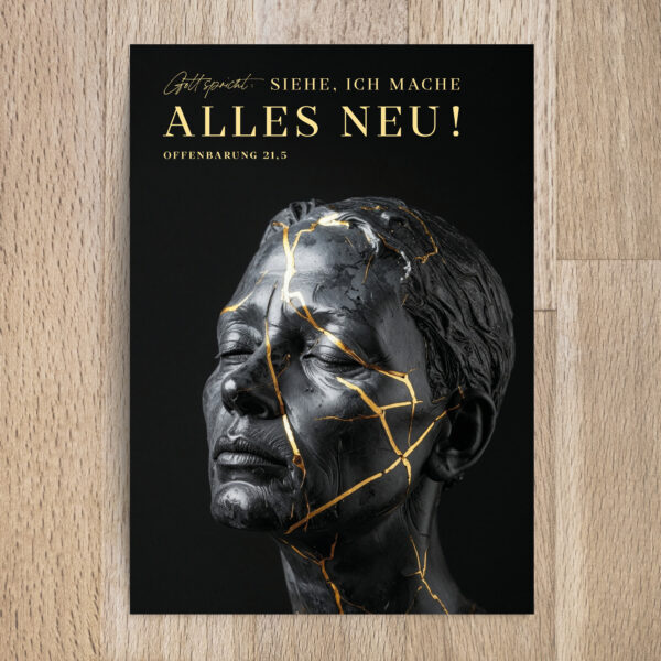 Erneuerter Glaube Kunstporträt Jesus Christus totemischer Kopf schwarz Goldakzente kreative Dekorationrelief.