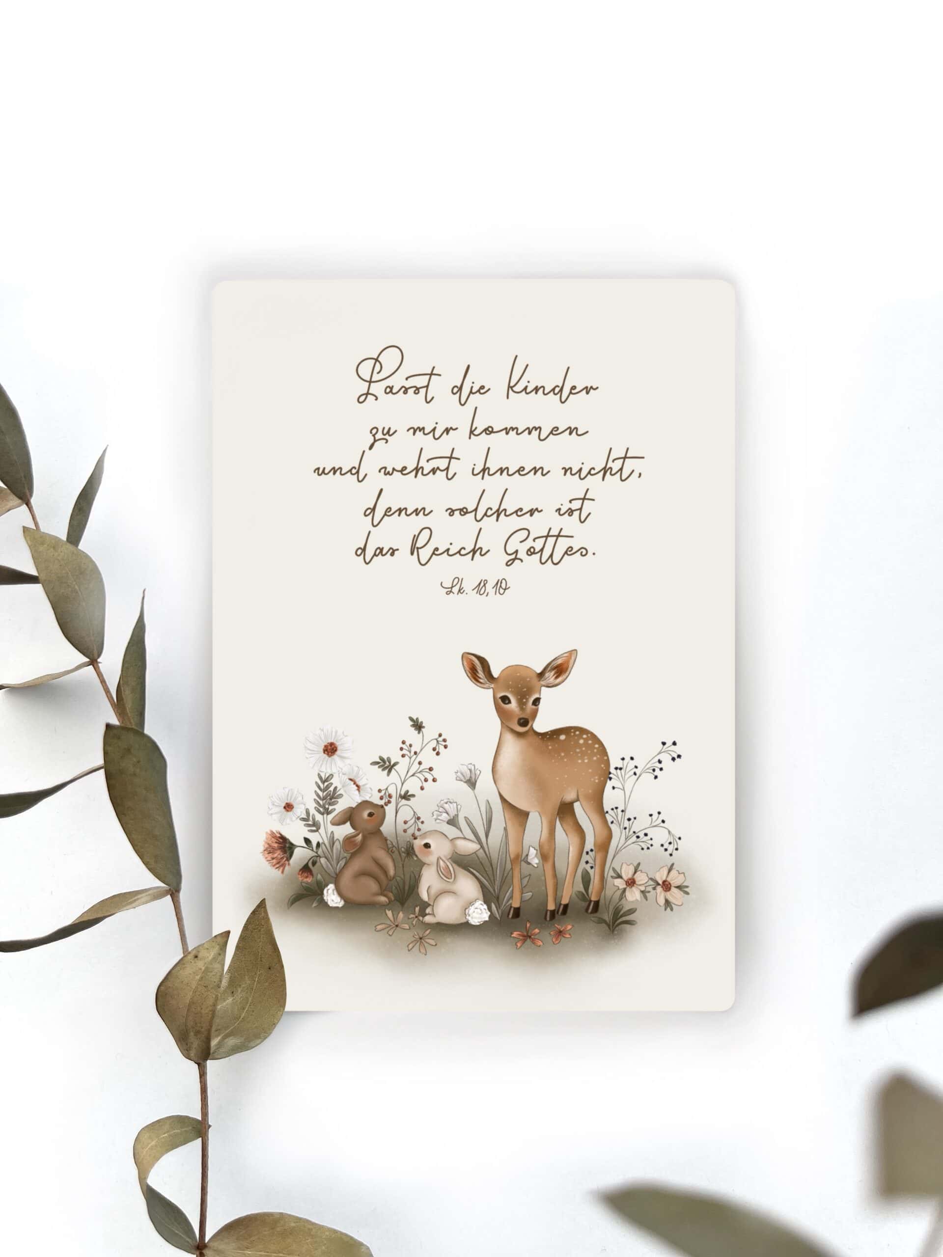 Sanften Kinderbibelspruch mit Reh und Blumen, liebevolle Illustration, für Kinderzimmer.