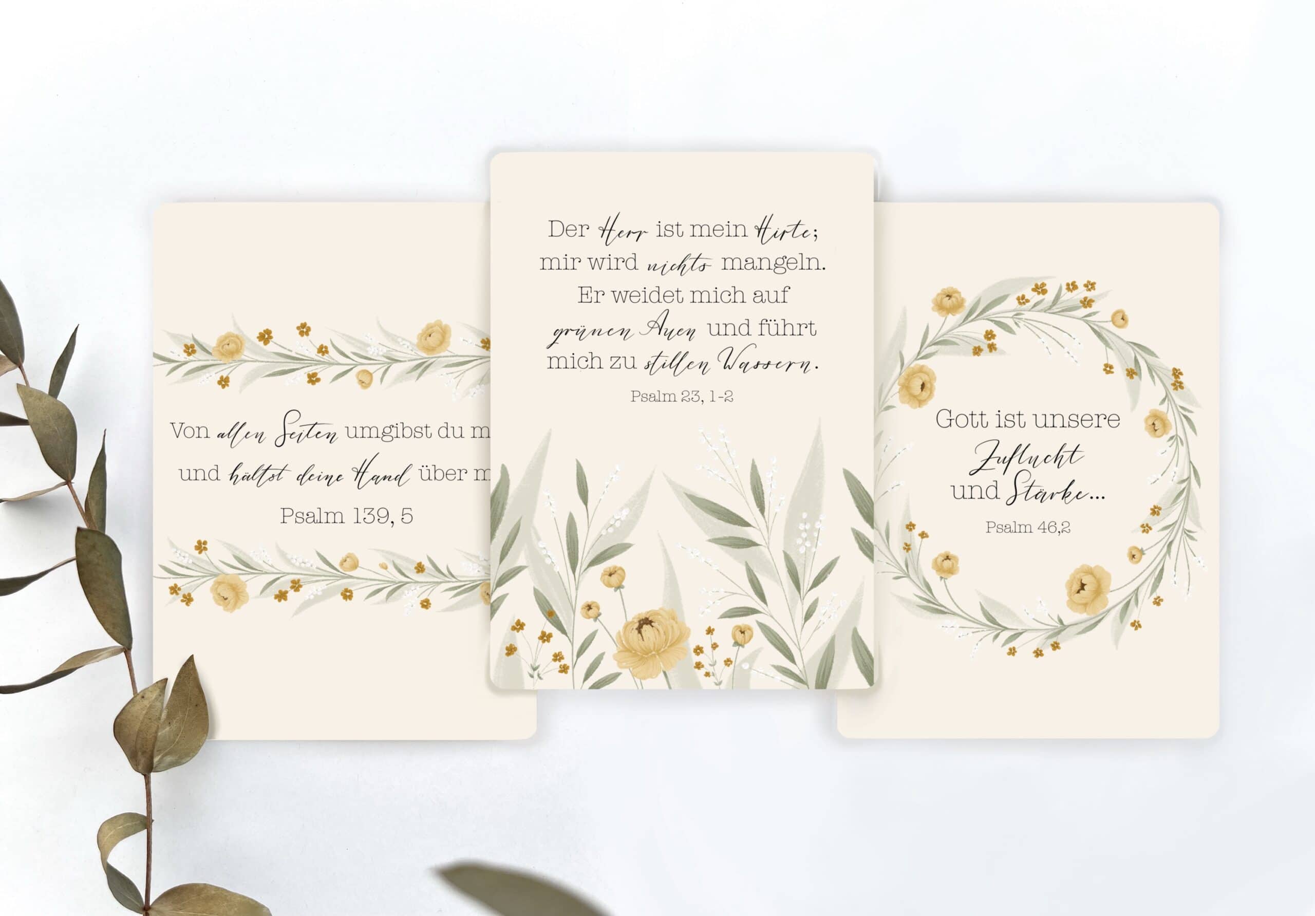 Blumenmotive mit Psalmzitaten auf Karten, Naturdesign, Trauersprüche, Grüner Lavendel.