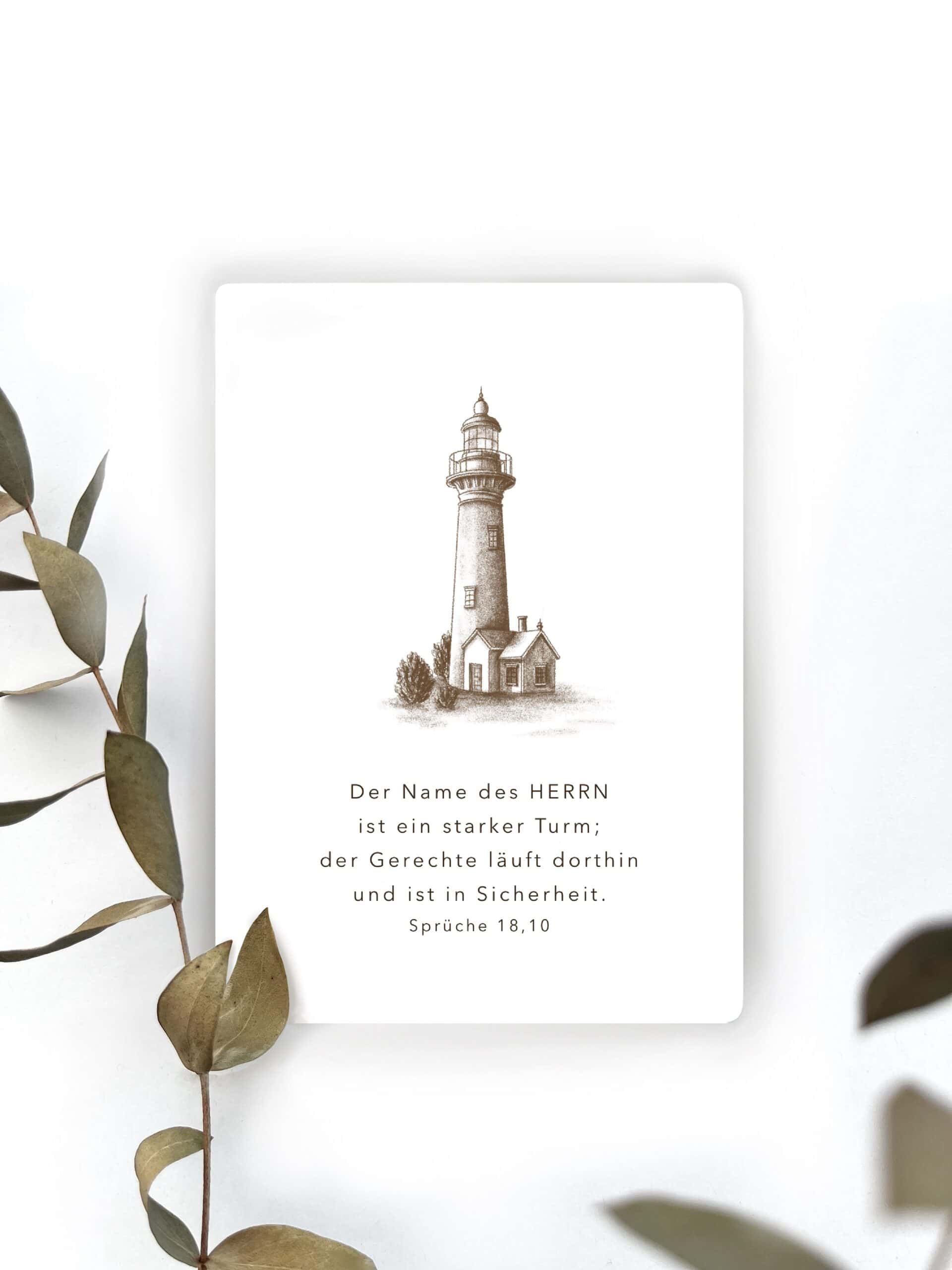 Leuchtturm Illustration mit Bibelvers auf weißem Hintergrund, Naturakzente, christliche Wanddekoration, Glauben und Sicherheit, Sprüche 18,10.