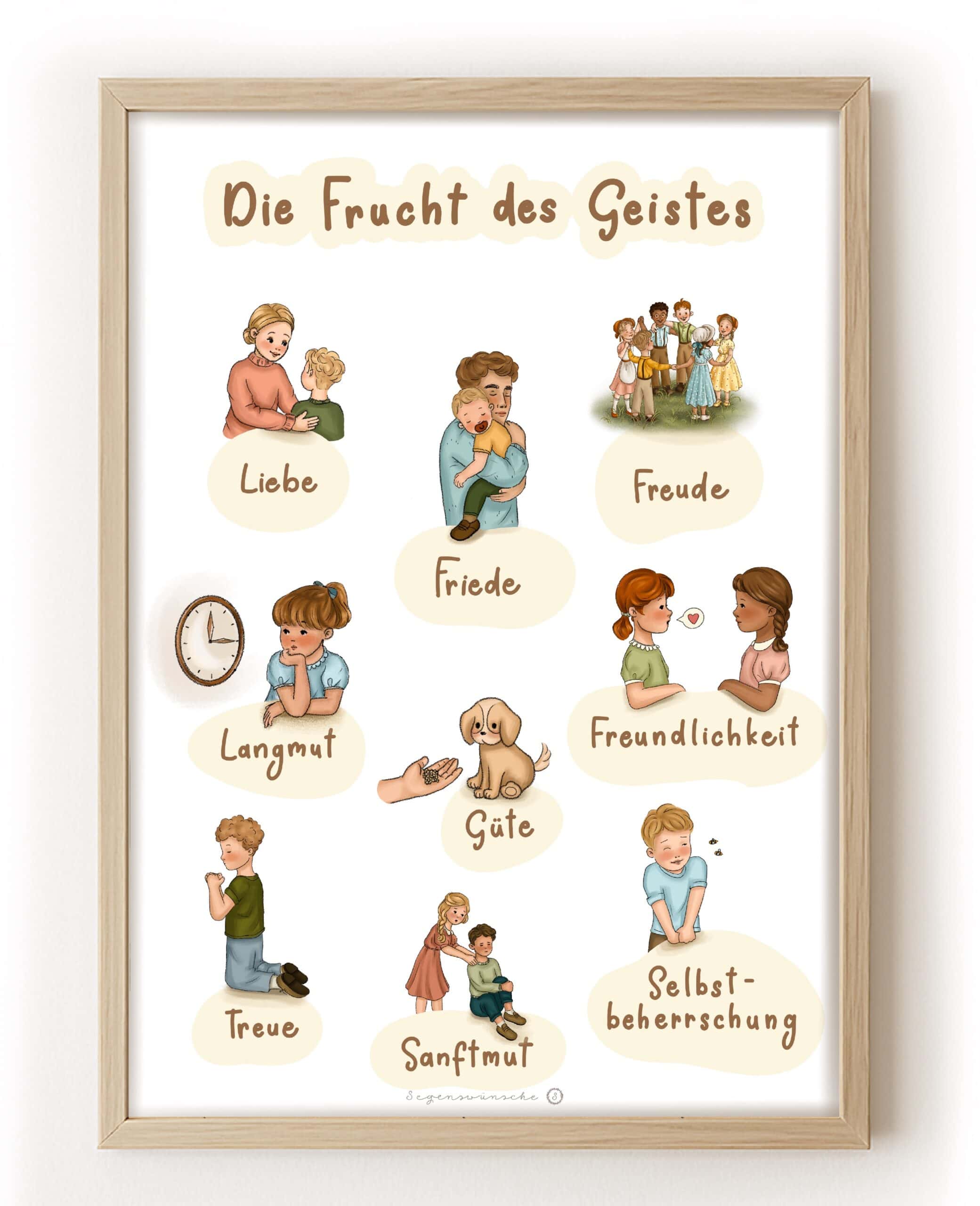 Liebevolle christliche Werte Illustration, Frucht des Geistes, positive Erziehungsideen, religiöse Bilder, christliche Symbole.