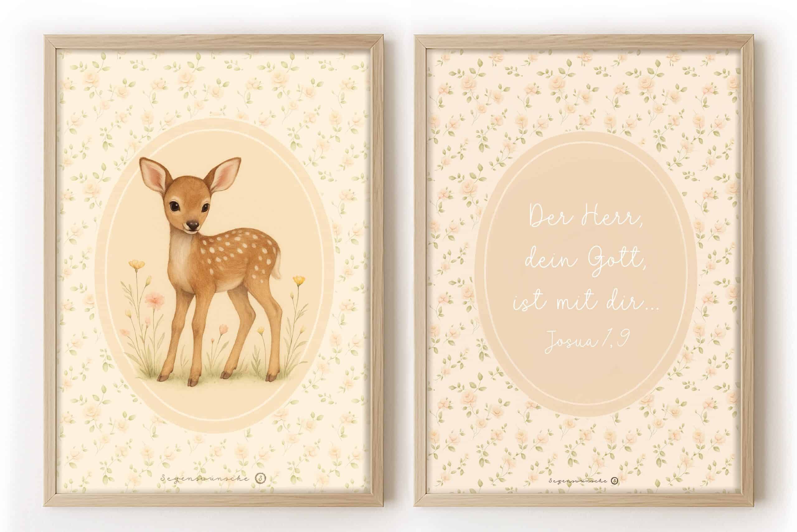 Niedliches Reh mit Blumen im Wald, christliche Kinderwandbilder, handmade Dekoration.