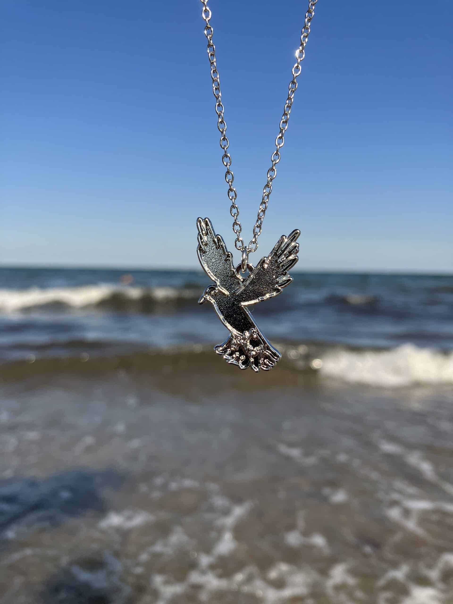 Schmuck für Christen, silberne Tauben-Halskette am Meer, christliche Geschenkidee.