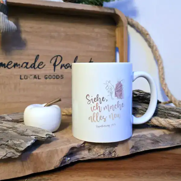 Inspirierende christliche Keramiktasse mit Bibelvers und Engelmotiv, christliches Geschenk.